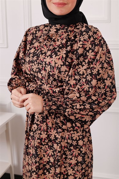 Bel Bağcıklı Çiçek Desen Elbise Lacivert 3000