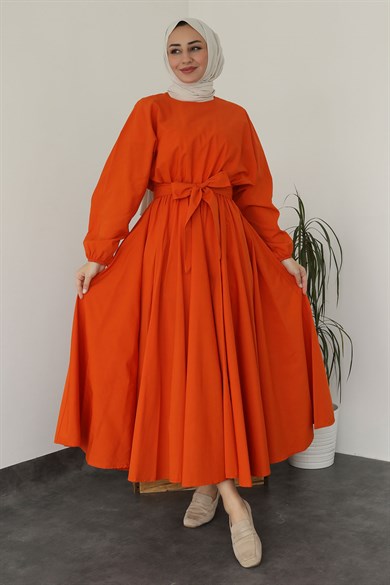 Beli Büzgülü Kuşaklı Elbise Oranj 9541