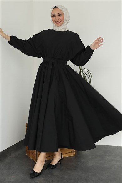 Beli Büzgülü Kuşaklı Elbise Siyah 9541
