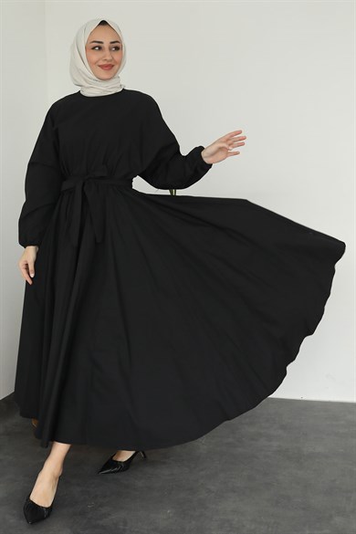 Beli Büzgülü Kuşaklı Elbise Siyah 9541